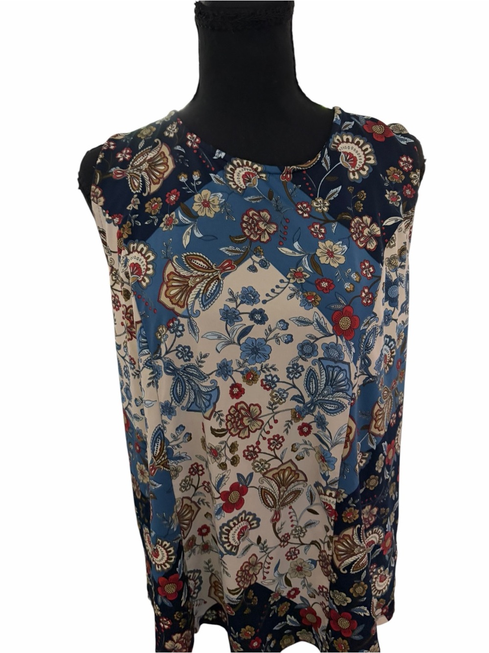 Westport XL Floral Sleeveless Blouse Blue Paisley Lace-Up Back